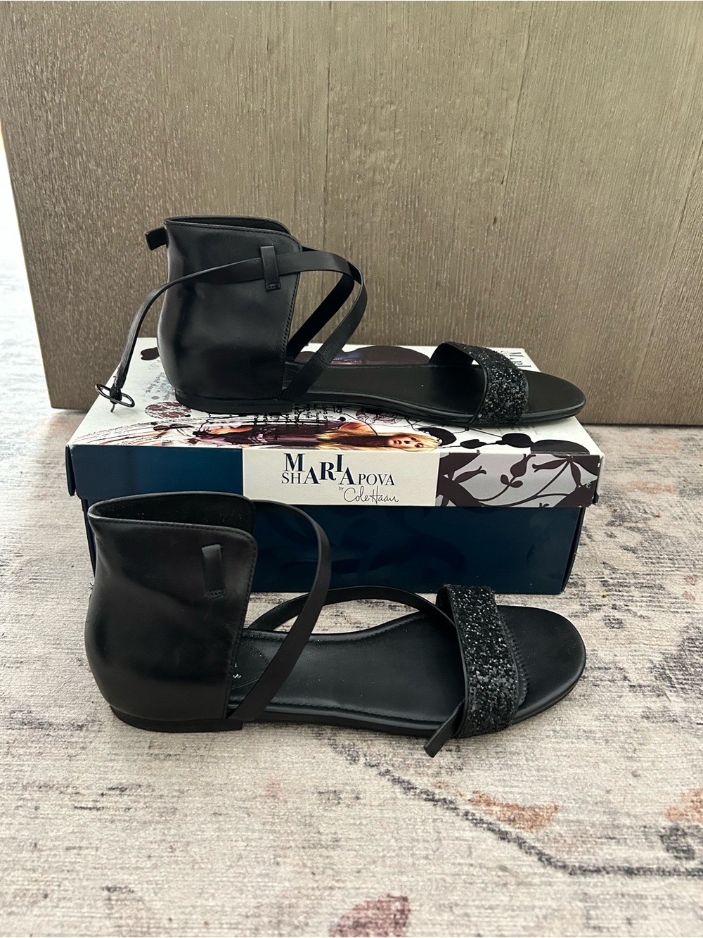 Maria Sharapova x Cole Haan Air Catalina Black Glitter Ankle-Wrap Sandals